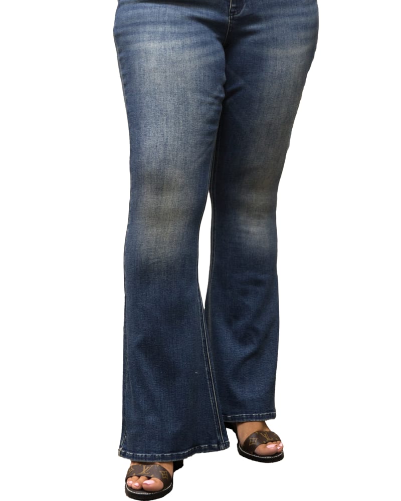 Front of a model wearing a size 14X34 Becca Flare Jeans in 2886 Wash by Poetic Justice. | dia_product_style_image_id:238356